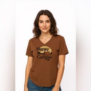 Life Is Good, Happy Camper With Tent, Graphic Tee, Women’s Orange V Neck. Med.
